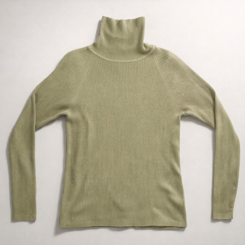 Danielle Martin Silk Cashmere Ribbed Turtleneck Sweater Green L Minimalist Knit